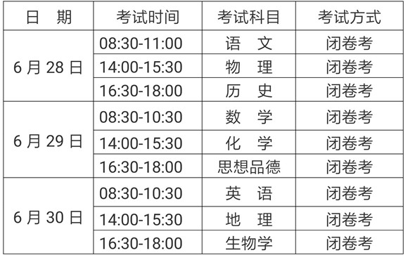 2018年云南迪慶中考時間：6月28日-7月2日1