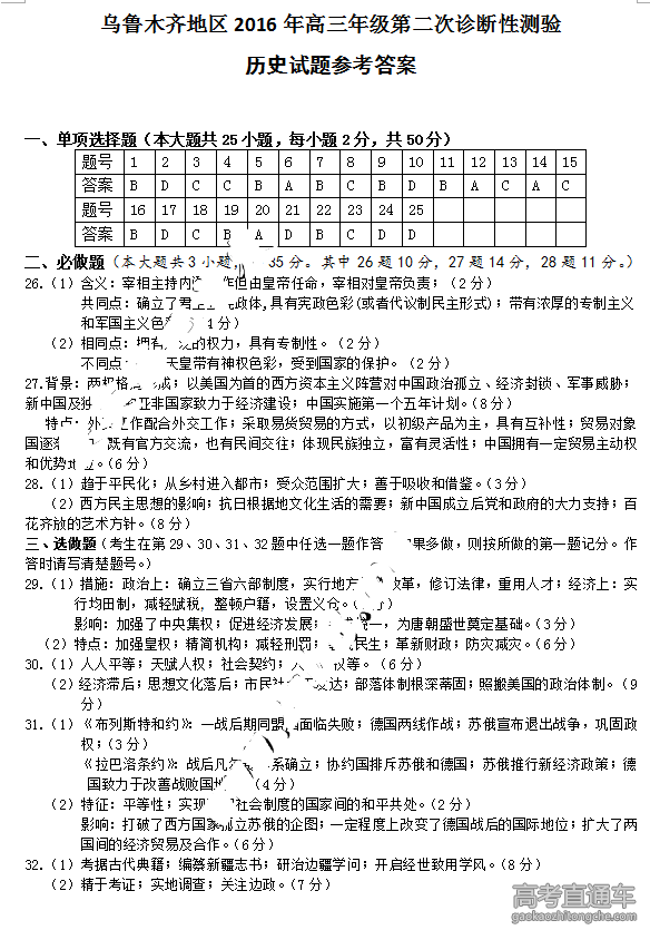 2016年新疆烏魯木齊高考二模歷史答案1