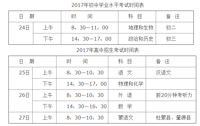 黑龍江大慶2017中考時(shí)間安排表：6月24-27日2