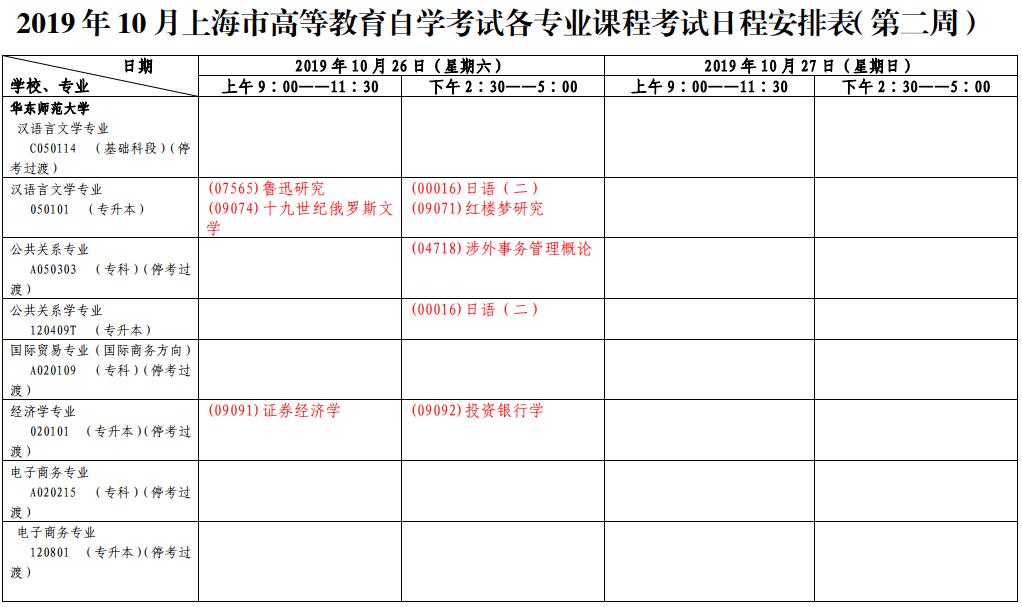 2019年10月上海松江自考時間：10月19日、20日、26日、27日2