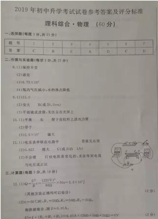 2019年內(nèi)蒙古巴彥淖爾中考物理答案（已公布）1