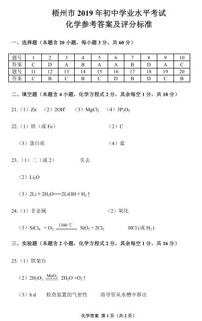 2019年廣西梧州中考化學(xué)答案（已公布）1