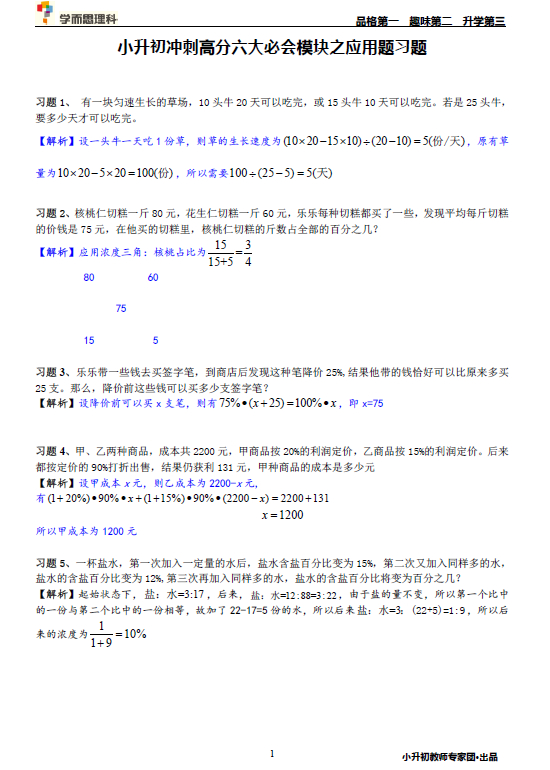 小升初數(shù)學(xué)應(yīng)用題習(xí)試題解析：沖刺高分六大必會(huì)模塊1