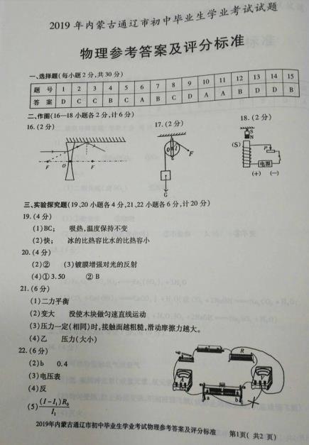 2019年內(nèi)蒙古通遼中考物理答案（已公布）1