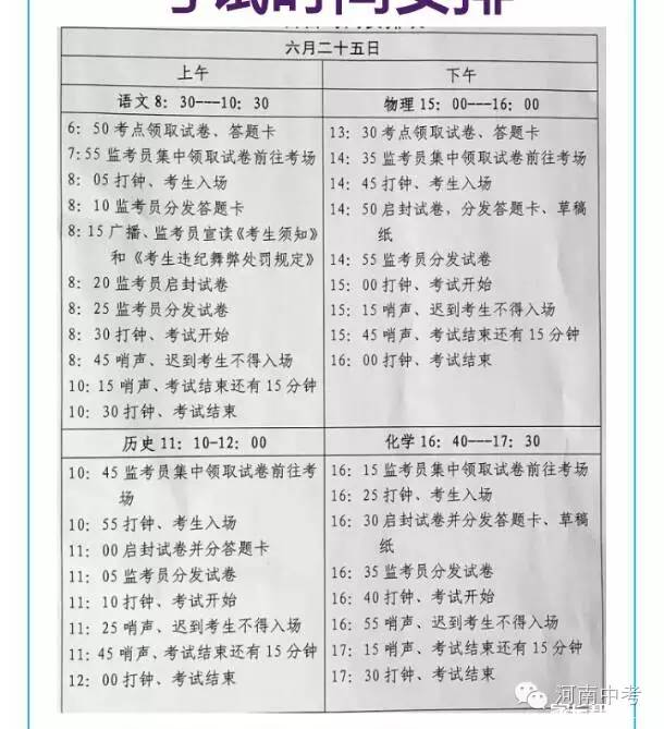 2017河南中考時間及各科答題時間進(jìn)度1