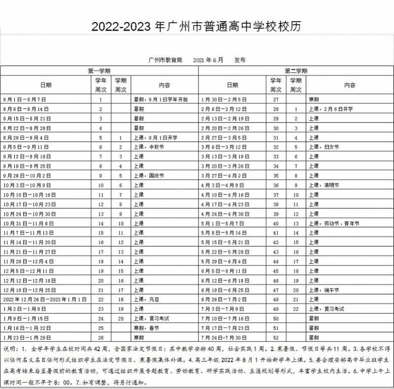 2022-2023廣州普通高中校歷