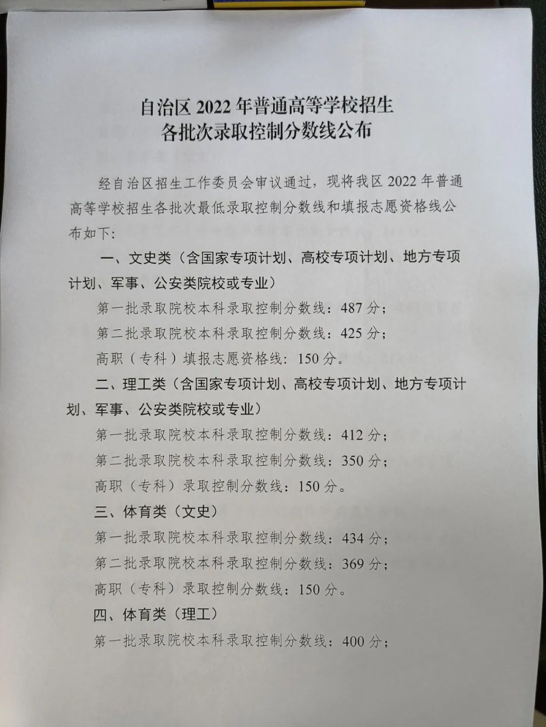 2022年寧夏高考分?jǐn)?shù)線官方公布